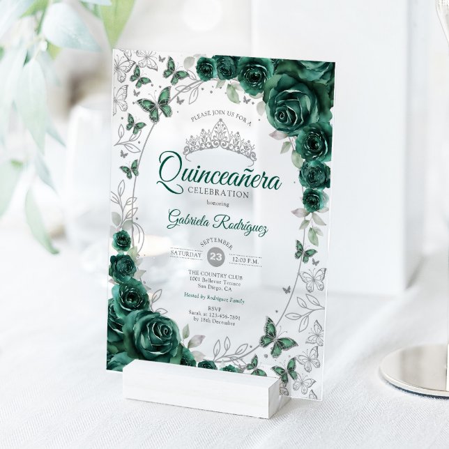 Invitaciones Acrílicas Emerald Green Silver Floral Quinceanera (Subido por el creador)