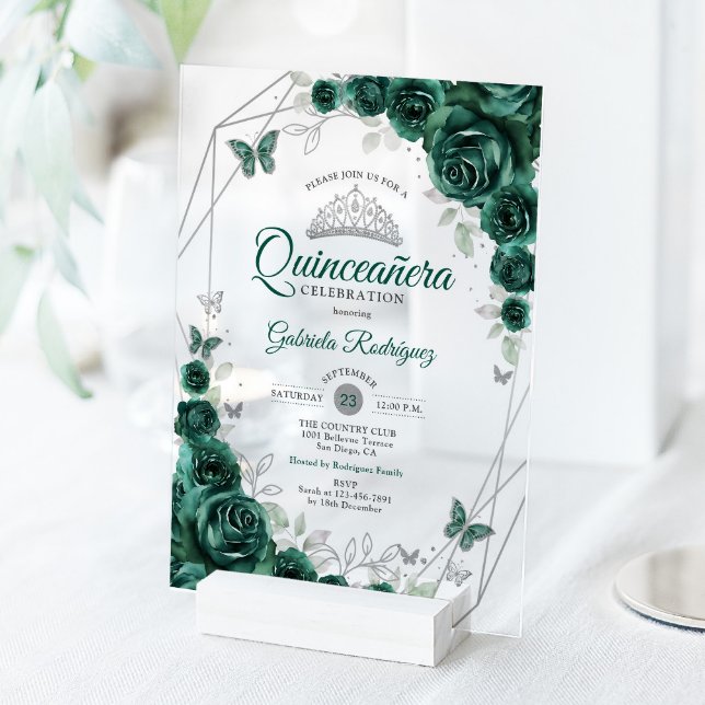Invitaciones Acrílicas Emerald Green Silver Floral Quinceanera (Subido por el creador)