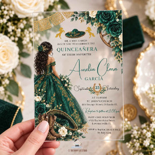 Invitaciones Acrílicas Emerald Verde Blanco Floral Charro Quinceañera