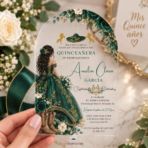 Invitaciones Acrílicas Emerald Verde Blanco Floral Charro Quinceañera 