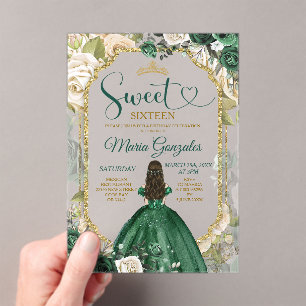Invitaciones Acrílicas Emerald Verde Dulces 16 Quinceañera Brillo Floral