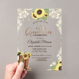 Invitaciones Acrílicas Encaje,Botas Girasoles Azules Quinceañera de Mader