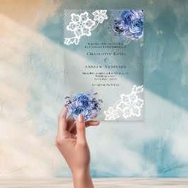 Invitaciones Acrílicas Encaje de flores azules boda