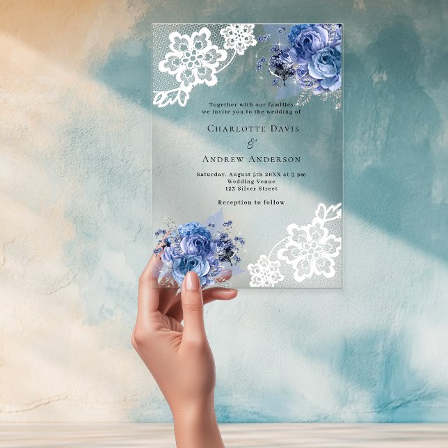 Invitaciones Acrílicas Encaje de flores azules boda (Subido por el creador)