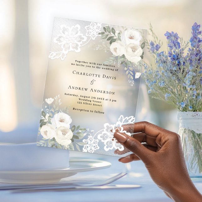 Invitaciones Acrílicas Encaje floral blanco boda (Subido por el creador)