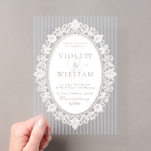 Invitaciones Acrílicas Encaje Vintage de Rayas Azules Boda de Dinero Anti