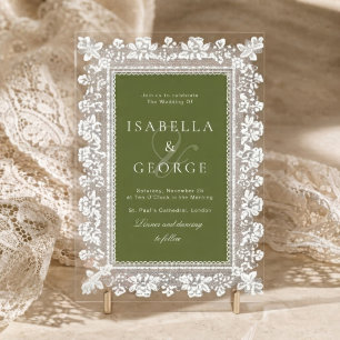 Invitaciones Acrílicas Encaje Vintage Verde Oliva Boda de Dinero Antiguo