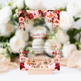Invitaciones Acrílicas Encantada Escarlata Floral Elegancia Oro Quinceane