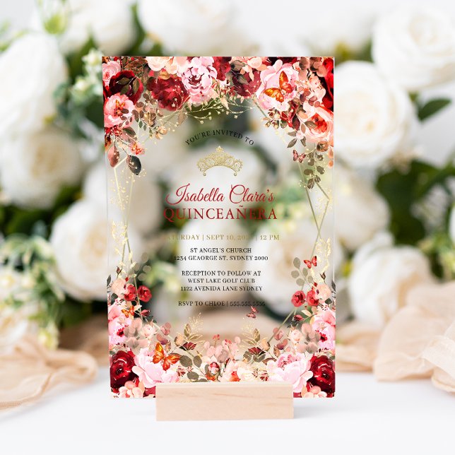 Invitaciones Acrílicas Encantada Escarlata Floral Elegancia Oro Quinceane (Subido por el creador)