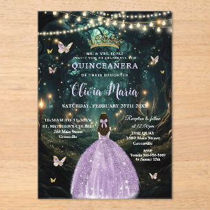 Invitaciones Acrílicas Encantado Bosque Purple Lilac Vestido Quinceañera