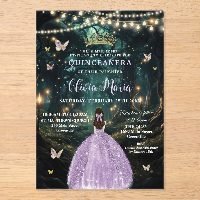 Invitaciones Acrílicas Encantado Bosque Purple Lilac Vestido Quinceañera (Anverso)