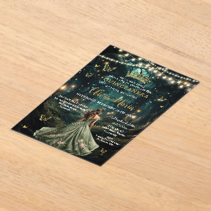 Invitaciones Acrílicas Encantado vestido verde de sabio forestal Quinceañ