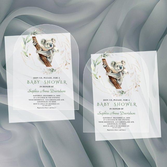 Invitaciones Acrílicas Encantador Cute Koala Greenery Gold Baby Shower (Subido por el creador)