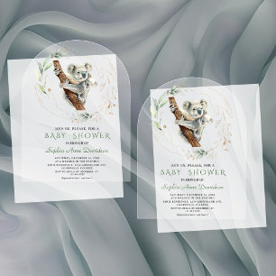Invitaciones Acrílicas Encantador Koala Lindo Verde Dorado Baby Shower