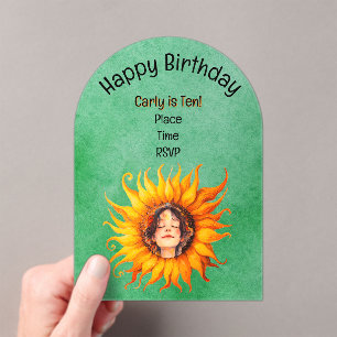 Invitaciones Acrílicas Encantador rostro de joven Chica girasol en verde