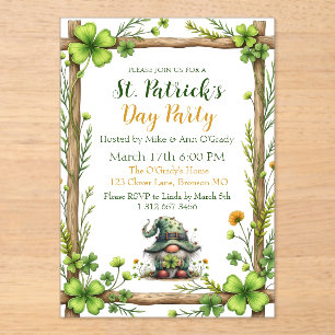 Invitaciones Acrílicas Encantador trébol de primavera y gnomo