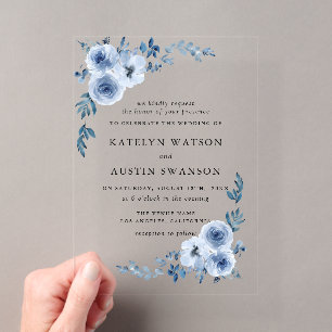 Invitaciones Acrílicas encantadora boda floral de acuarela azul polvorien