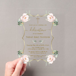 Invitaciones Acrílicas Encanto aéreo verde rosa dedicación floral niña 