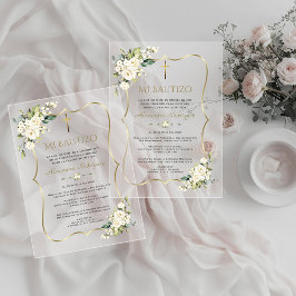 Invitaciones Acrílicas Encanto Bautizo Con Blanca Flores Gold Bautismo 