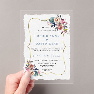 Invitaciones Acrílicas Encanto Dusty Blue Misty Rose Flores Boda