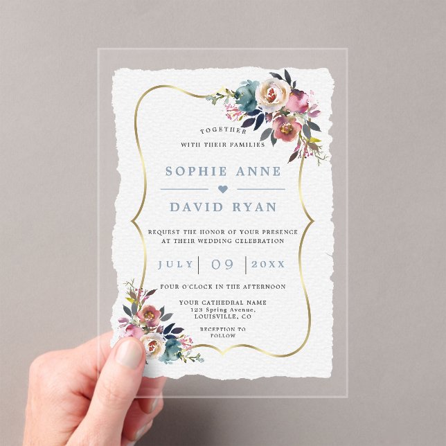 Invitaciones Acrílicas Encanto Dusty Blue Misty Rose Flores Boda  (Insitu (portátil))