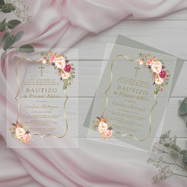Invitaciones Acrílicas Encanto Flores Rosadas de Oro Bautizo Cumpleaños 1
