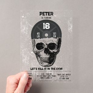 Invitaciones Acrílicas Entrenamiento de placa de peso Calavera Cumpleaños