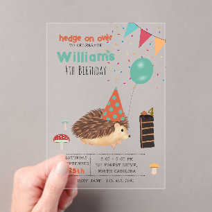 Invitaciones Acrílicas Erizo Hongo Bosque Bosque Globo Cumpleaños