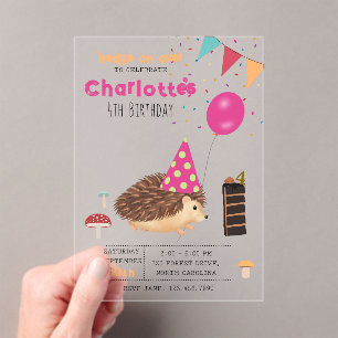 Invitaciones Acrílicas Erizo Hongo Bosque Globo Cumpleaños