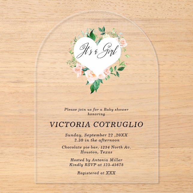 Invitaciones Acrílicas Es un arco de Baby Shower para Chicas (Anverso)