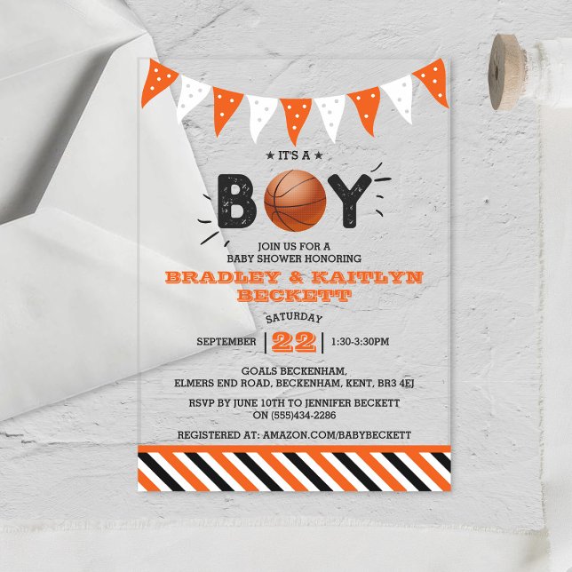 Invitaciones Acrílicas ¡Es un chico! Baby Shower con temas de baloncesto (Subido por el creador)