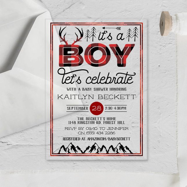 Invitaciones Acrílicas ¡Es un chico! Rustic Plaid Lumberjack Baby Shower (Subido por el creador)