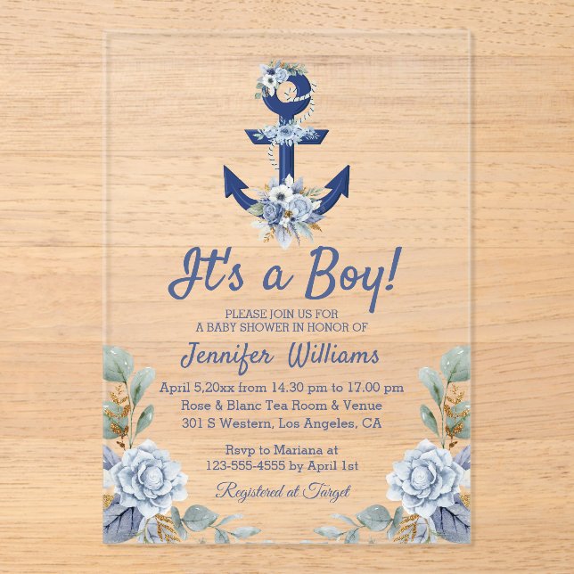 Invitaciones Acrílicas es un niño, azul marina floral ducha de bebé náuti (Anverso)