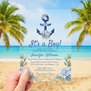 Invitaciones Acrílicas es un niño, baby shower náutico floral azul marino