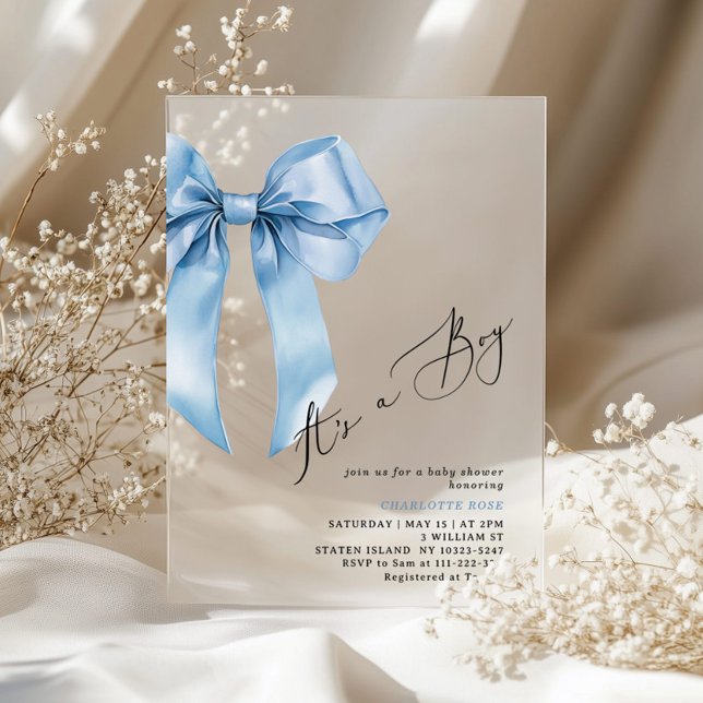 Invitaciones Acrílicas Es un niño Blue Bow Elegant Baby Shower (Subido por el creador)