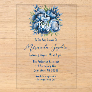 Invitaciones Acrílicas ¡Es un Niño! Chupete y Peonías Baby Shower