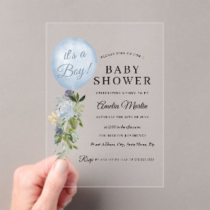 Invitaciones Acrílicas Es un niño globo Baby Shower Azul