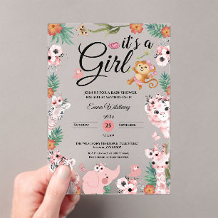 Invitaciones Acrílicas Es una Chica Chica Safari Jungla Baby Shower rosa