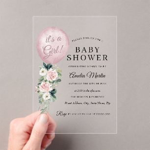 Invitaciones Acrílicas Es una niña Globo Cumpleaños Bebé Rosa