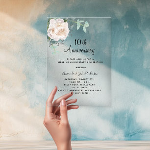 Invitaciones Acrílicas Escarcha blanca floral en el décimo aniversario de
