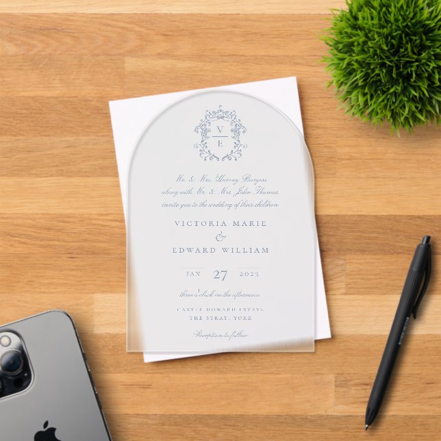 Invitaciones Acrílicas Escudo azul turbio Boda monograma (Insitu (Tarjeta de Invitación))