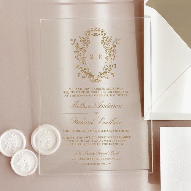 Invitaciones Acrílicas Escudo Chinoiserie Gold Monogram Boda (Subido por el creador)