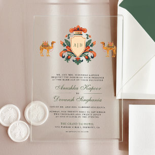 Invitaciones Acrílicas Escudo de época Real Camel Boda hindú indio