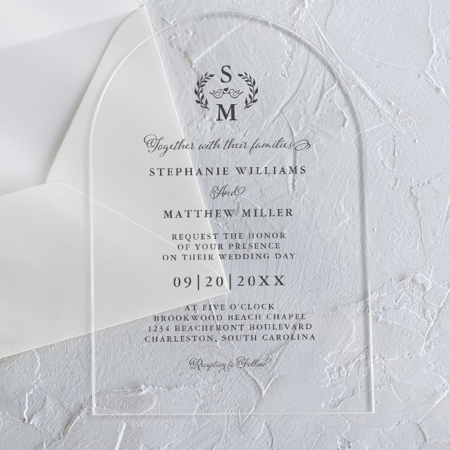 Invitaciones Acrílicas Escudo de monograma de caligrafía elegante para bo (Elegant Calligraphy Monogram Crest Wedding Acrylic Invitations)