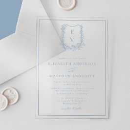 Invitaciones Acrílicas Escudo de Monograma Floral Formal Boda azul turbio