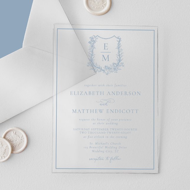 Invitaciones Acrílicas Escudo de Monograma Floral Formal Boda azul turbio (Subido por el creador)
