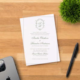 Invitaciones Acrílicas Escudo de Monograma Verde de Salvia Botánica para
