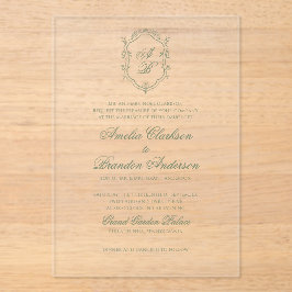 Invitaciones Acrílicas Escudo de Monograma Verde de Salvia Botánica para