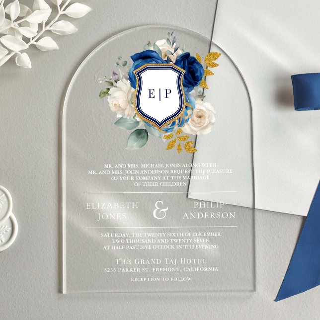 Invitaciones Acrílicas Escudo floral azul real Monograma Boda (Subido por el creador)
