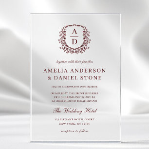 Invitaciones Acrílicas Escudo floral de Borgoña Boda Monograma